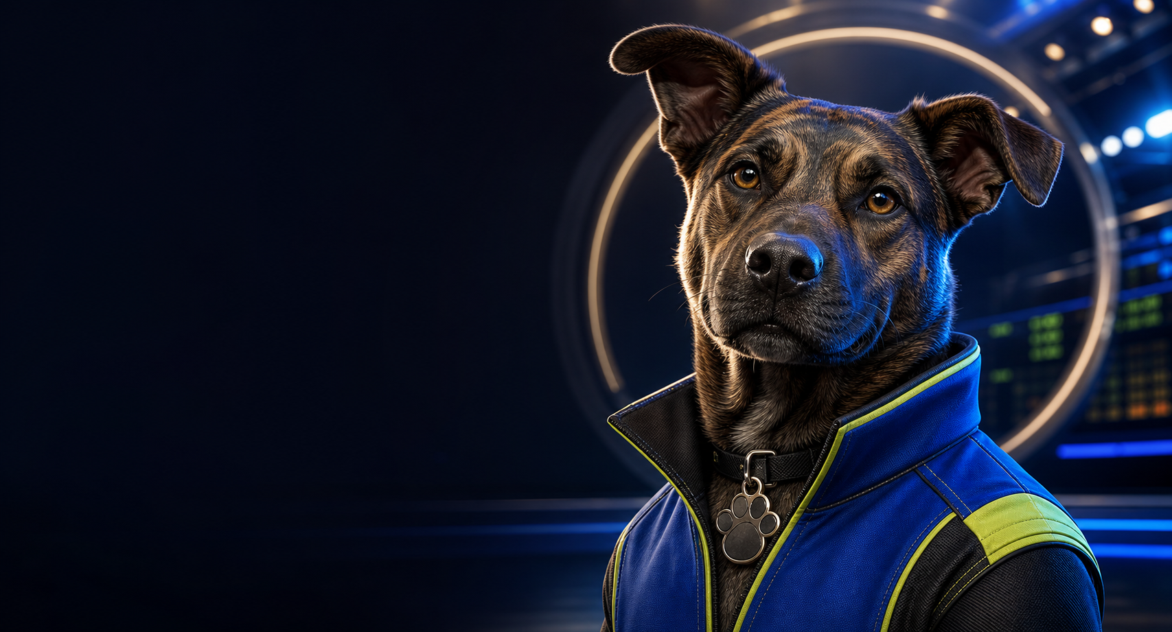 Fictional brindle dog trader in a cobalt arena jacket